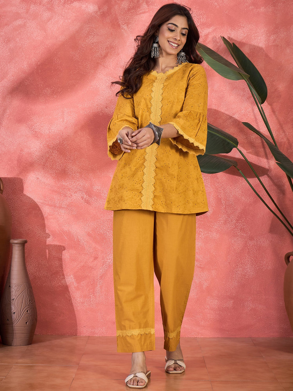 Joban Fashion Mustard Cotton Embroidery Readymade Kurta Set | Grocsy