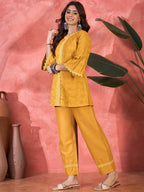 Joban Fashion Mustard Cotton Embroidery Readymade Kurta Set | Grocsy