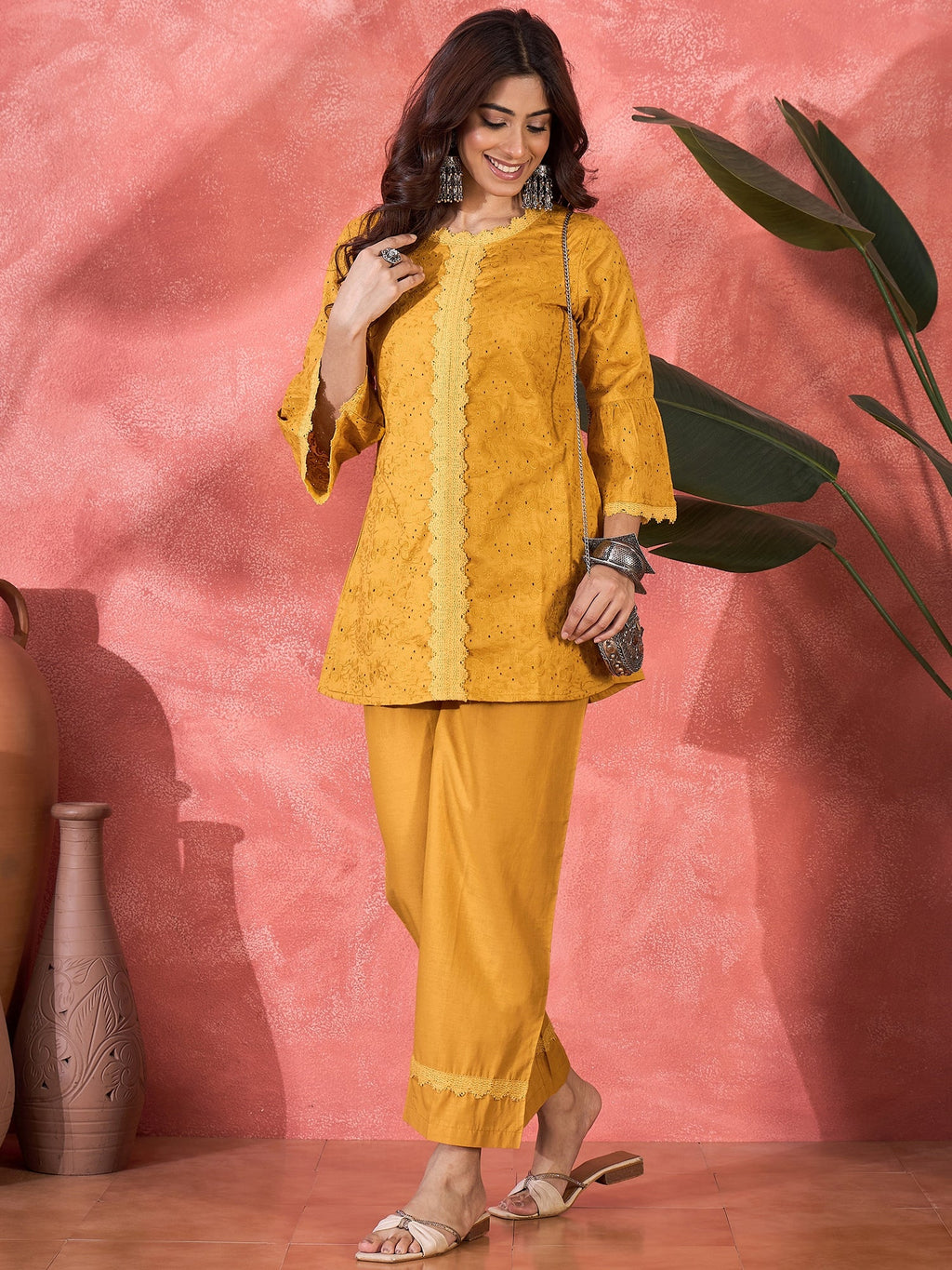 Joban Fashion Mustard Cotton Embroidery Readymade Kurta Set | Grocsy
