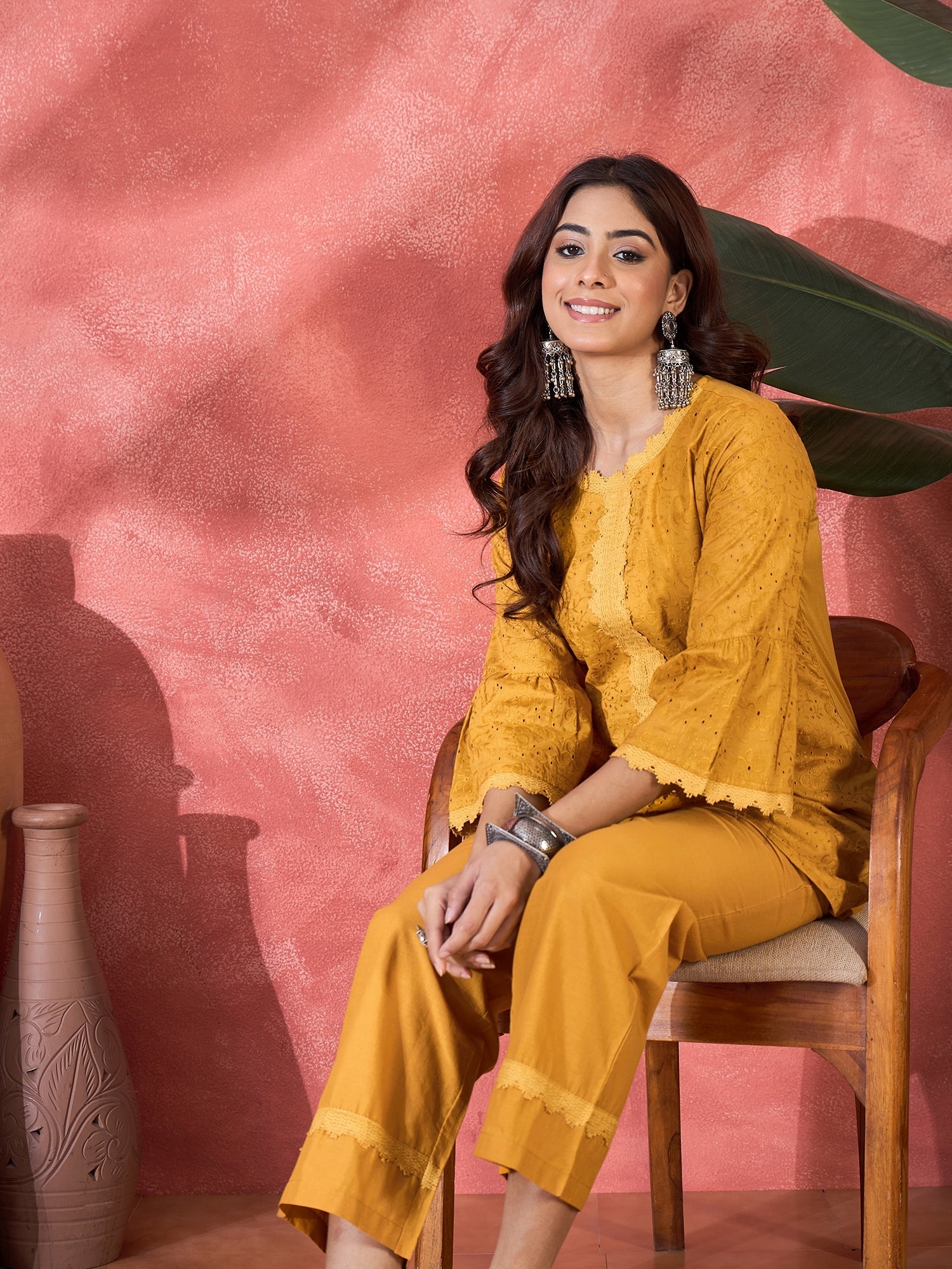 Joban Fashion Mustard Cotton Embroidery Readymade Kurta Set | Grocsy