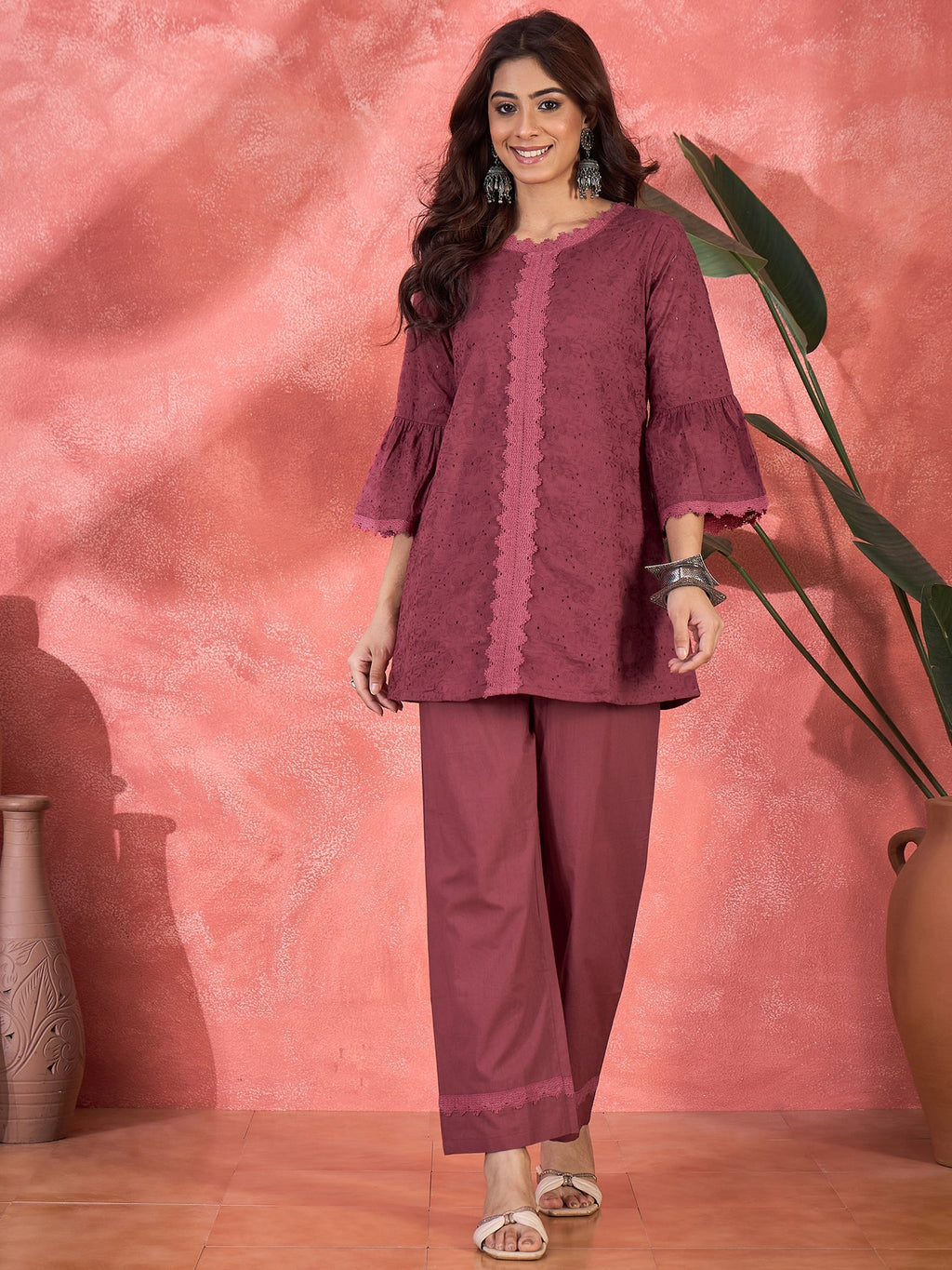 Joban Fashion Maroon Cotton Embroidery Readymade Kurta Set | Grocsy