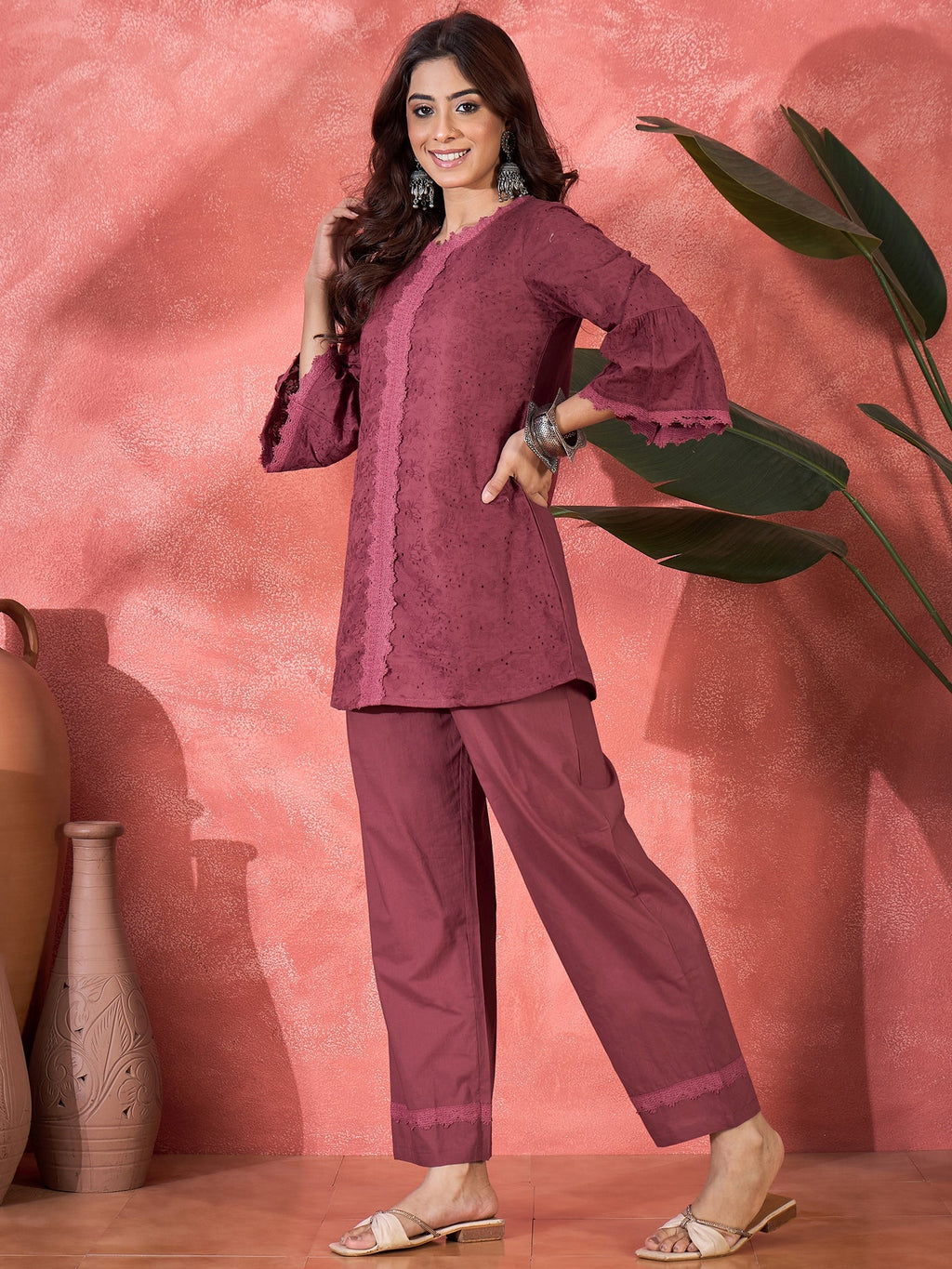 Joban Fashion Maroon Cotton Embroidery Readymade Kurta Set | Grocsy