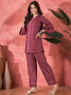Joban Fashion Maroon Cotton Embroidery Readymade Kurta Set | Grocsy