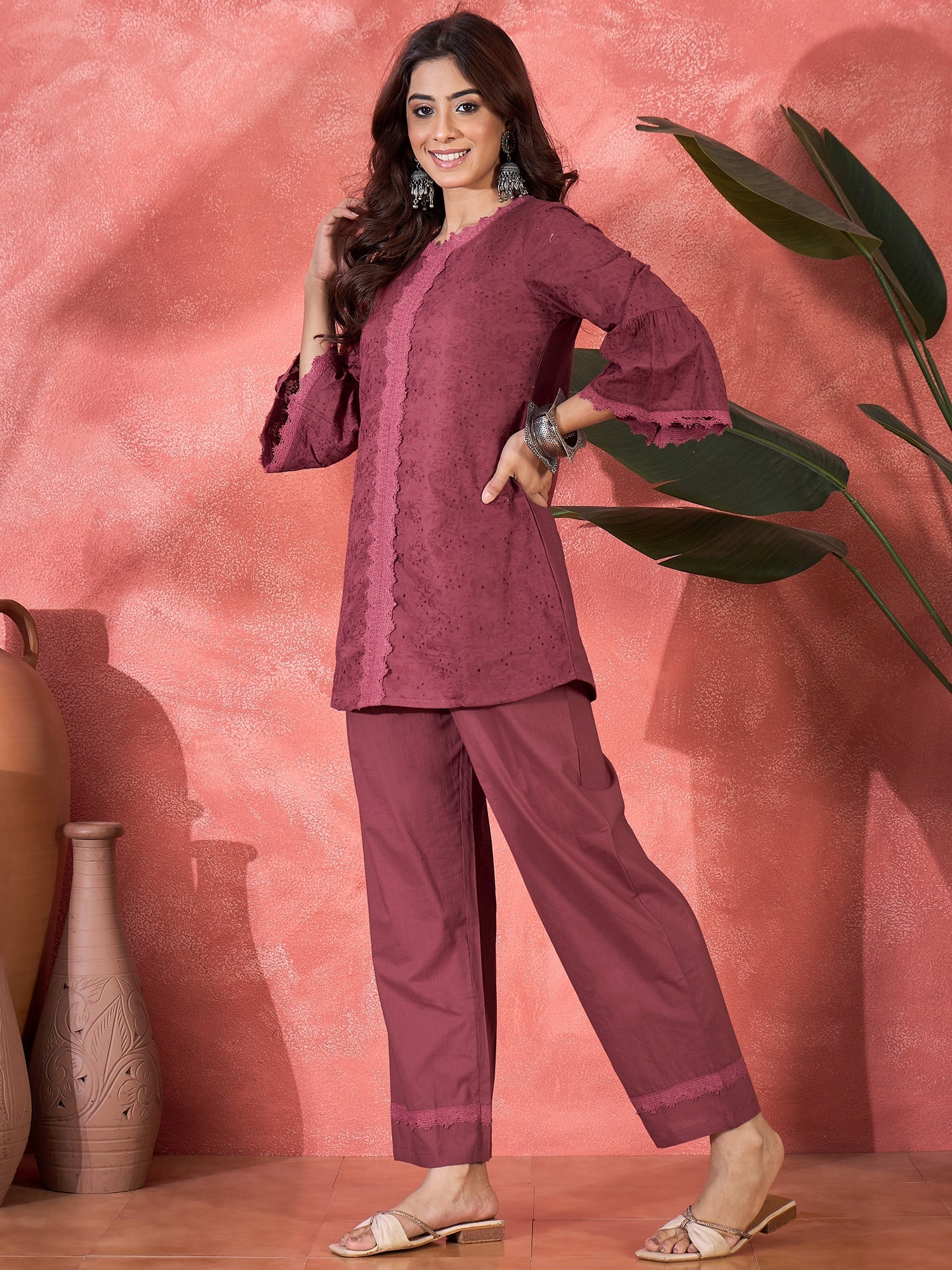 Joban Fashion Maroon Cotton Embroidery Readymade Kurta Set | Grocsy