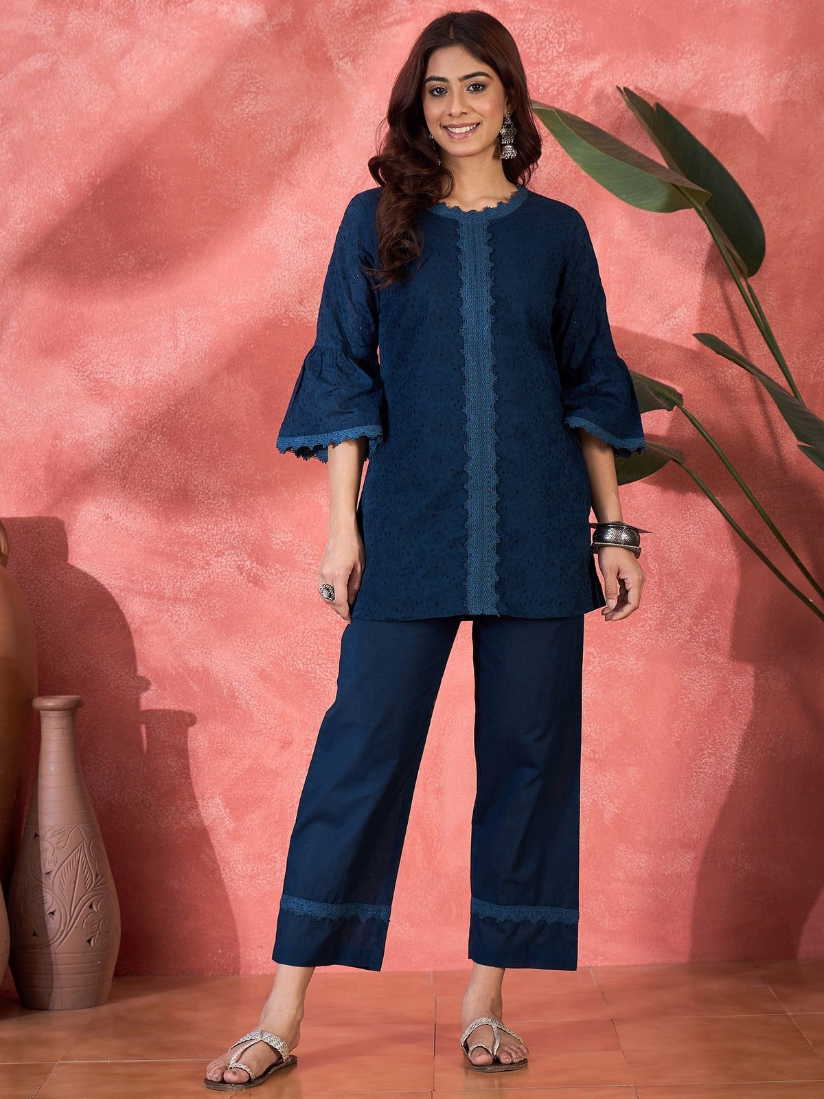 Joban Fashion Navy Blue Cotton Embroidery Readymade Kurta Set | Grocsy