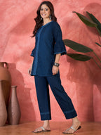 Joban Fashion Navy Blue Cotton Embroidery Readymade Kurta Set | Grocsy