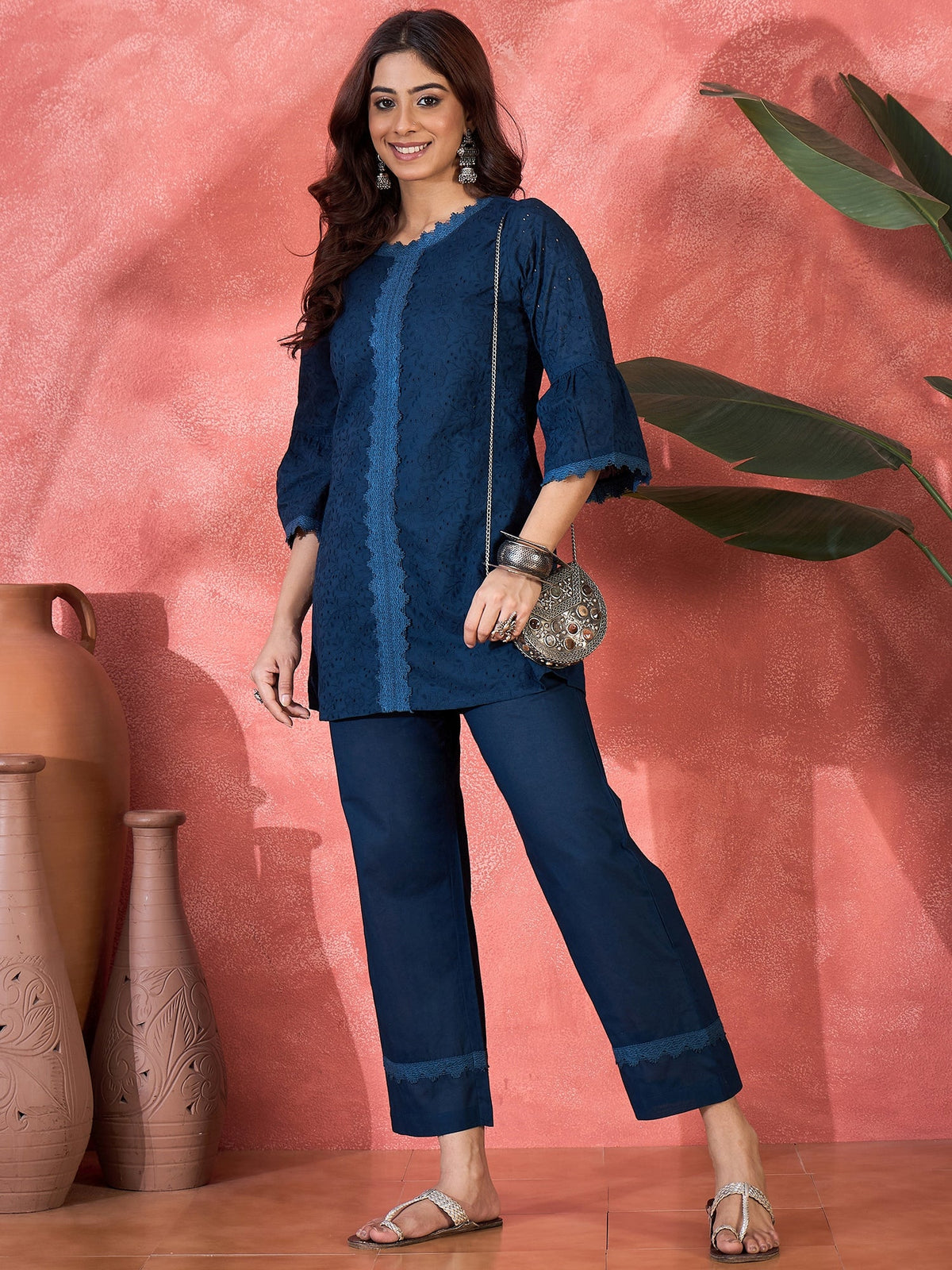 Joban Fashion Navy Blue Cotton Embroidery Readymade Kurta Set | Grocsy