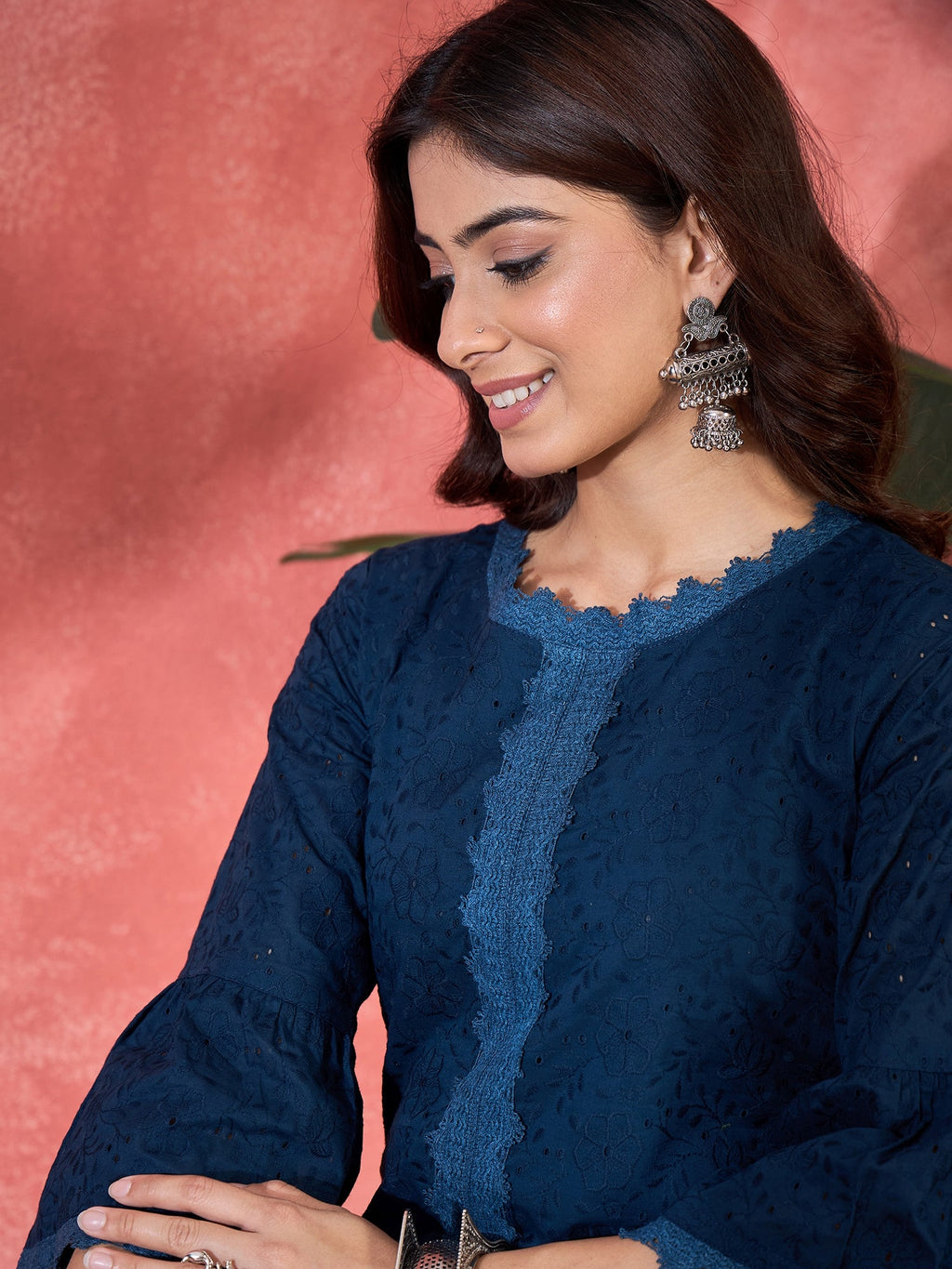 Joban Fashion Navy Blue Cotton Embroidery Readymade Kurta Set | Grocsy