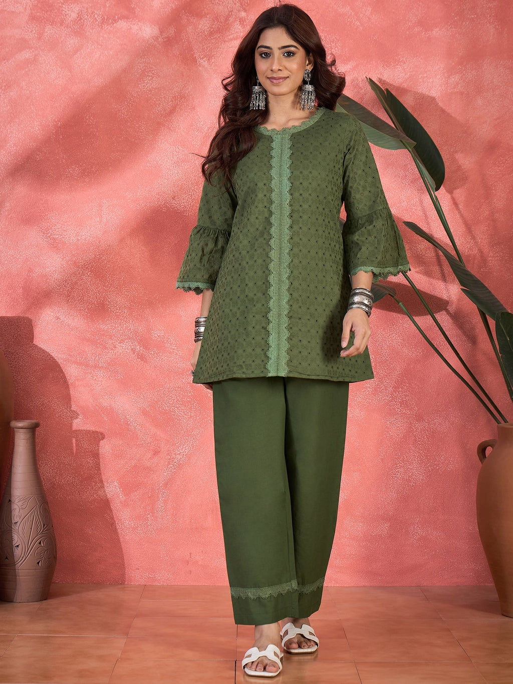 Joban Fashion Green Cotton Embroidery Readymade Kurta Set | Grocsy