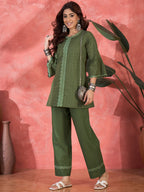Joban Fashion Green Cotton Embroidery Readymade Kurta Set | Grocsy