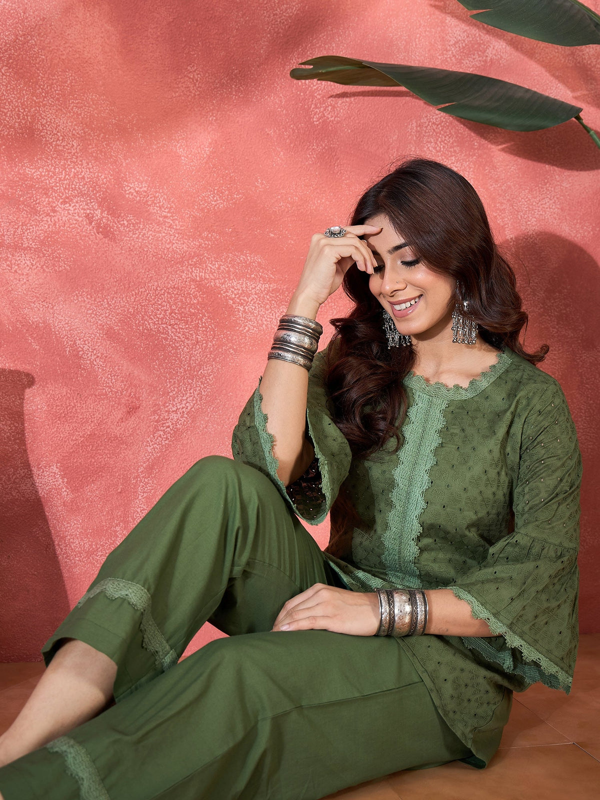 Joban Fashion Green Cotton Embroidery Readymade Kurta Set | Grocsy