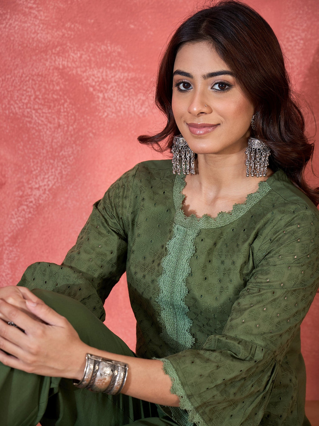 Joban Fashion Green Cotton Embroidery Readymade Kurta Set | Grocsy