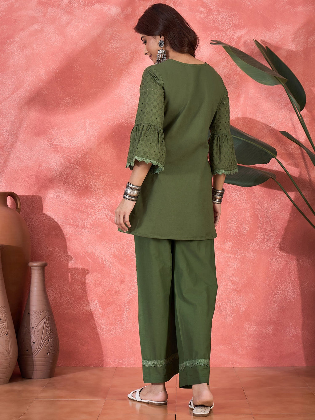 Joban Fashion Green Cotton Embroidery Readymade Kurta Set | Grocsy