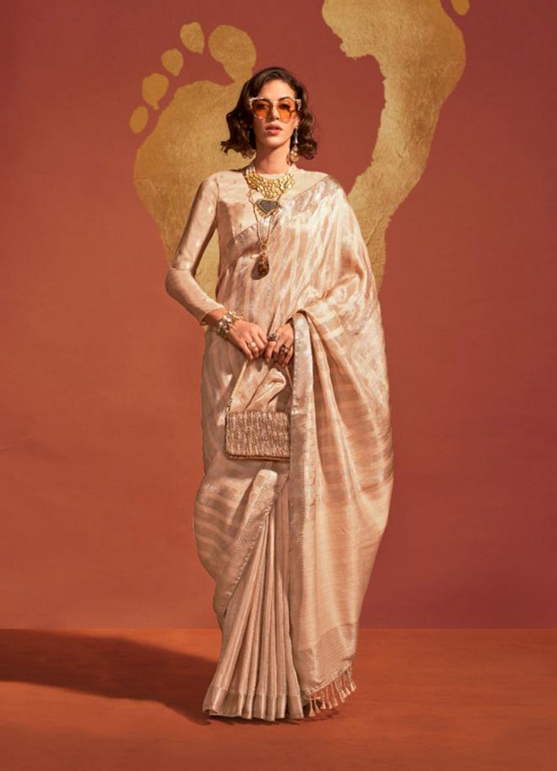 Monjolika Fashion Beige Color Viscose Handloom Silk Weaving Saree With Blouse | Grocsy