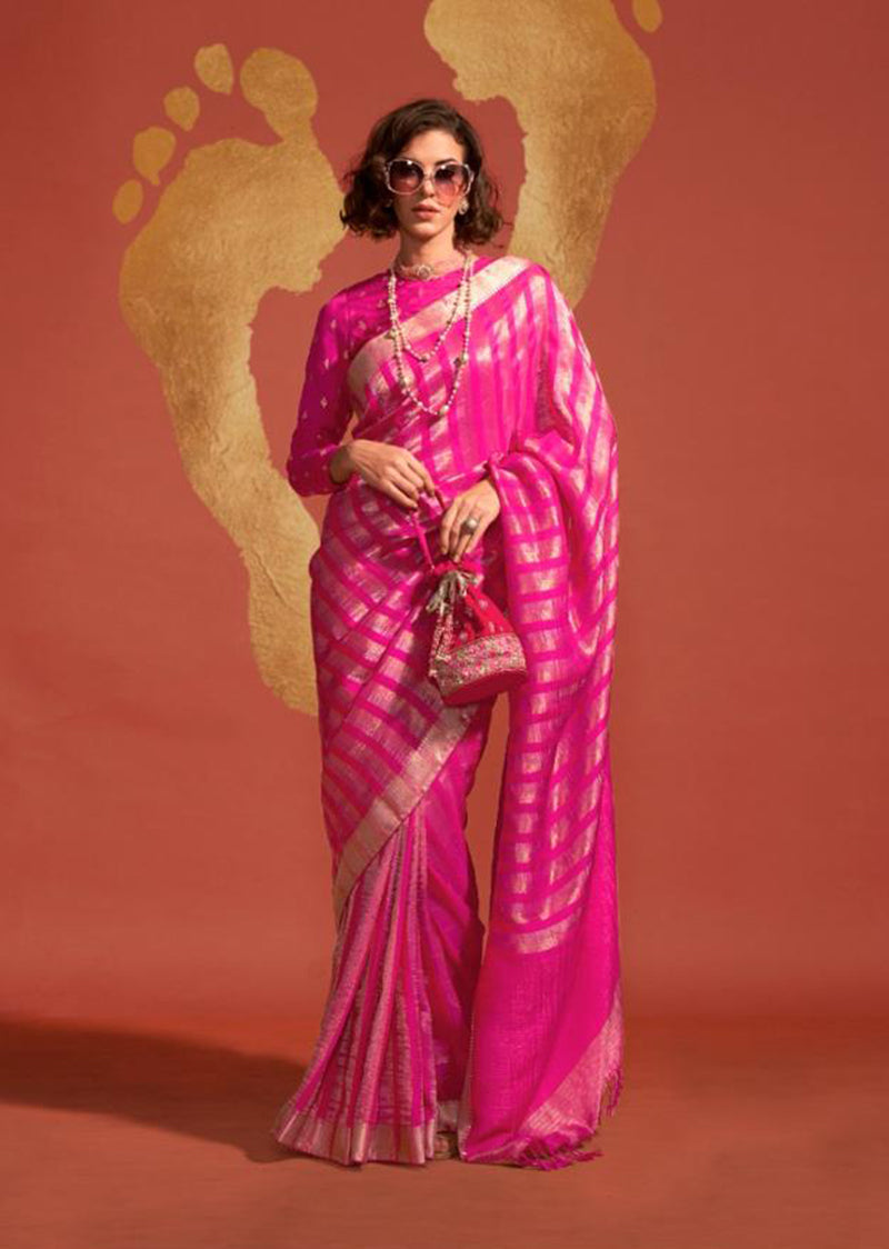 Monjolika Fashion Magenta Color Viscose Handloom Silk Weaving Saree With Blouse | Grocsy