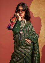 Monjolika Fashion Dark Green Color Viscose Handloom Silk Weaving Saree With Blouse | Grocsy
