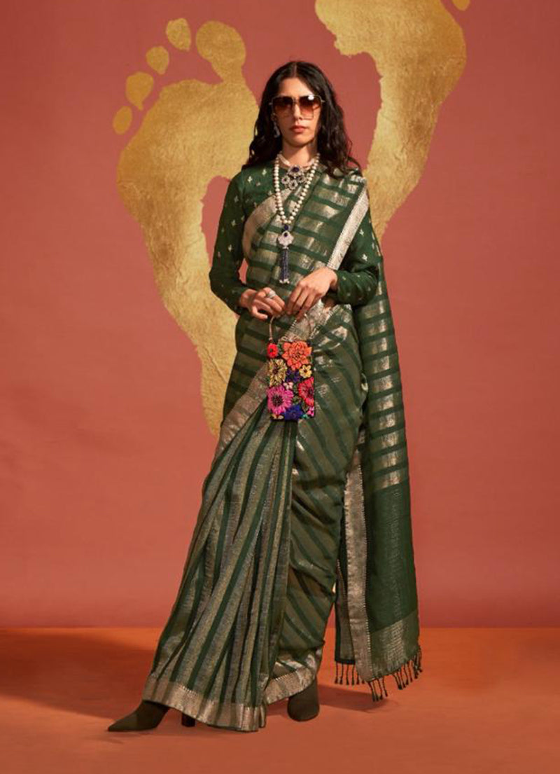 Monjolika Fashion Dark Green Color Viscose Handloom Silk Weaving Saree With Blouse | Grocsy