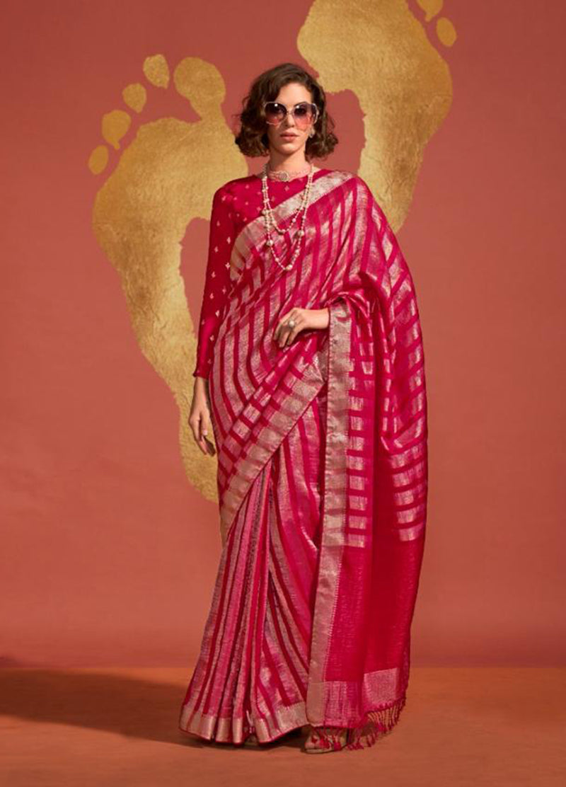 Monjolika Fashion Maroon Color Viscose Handloom Silk Weaving Saree With Blouse | Grocsy