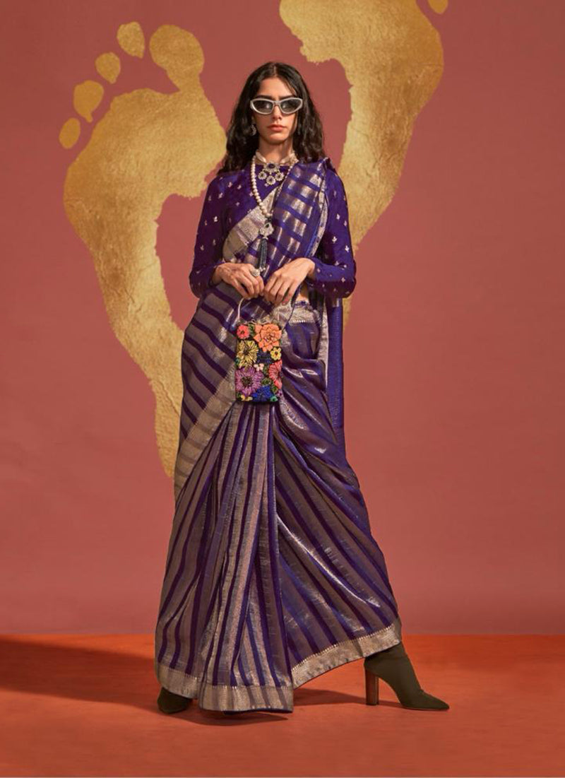 Monjolika Fashion Dark Violet Color Viscose Handloom Silk Weaving Saree With Blouse | Grocsy