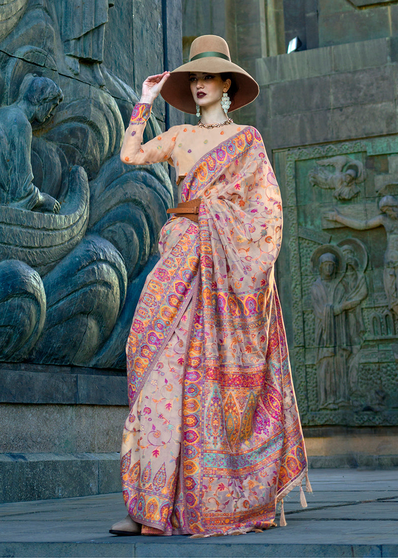 Monjolika Fashion Beige Color Kashmiri Organza Pashmina Silk Saree With Blouse | Grocsy