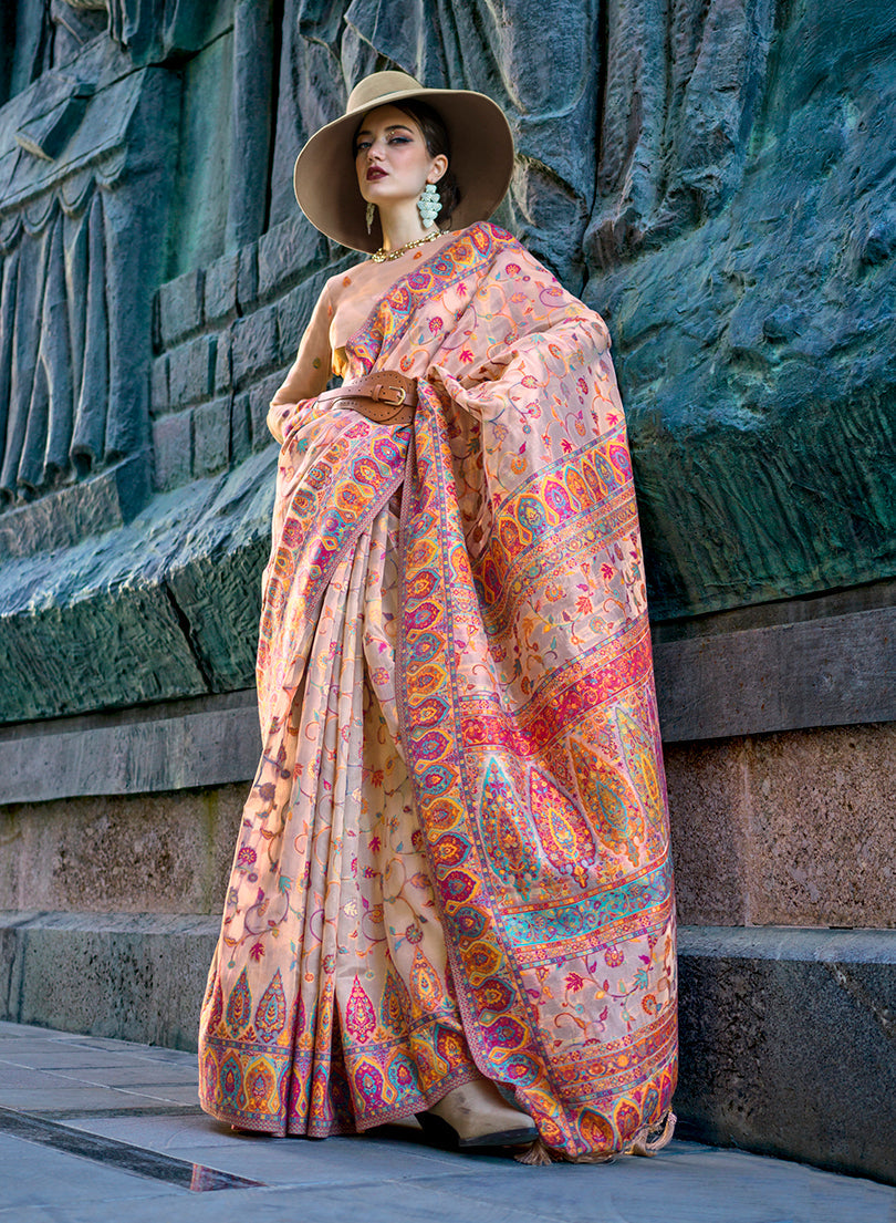 Monjolika Fashion Beige Color Kashmiri Organza Pashmina Silk Saree With Blouse | Grocsy