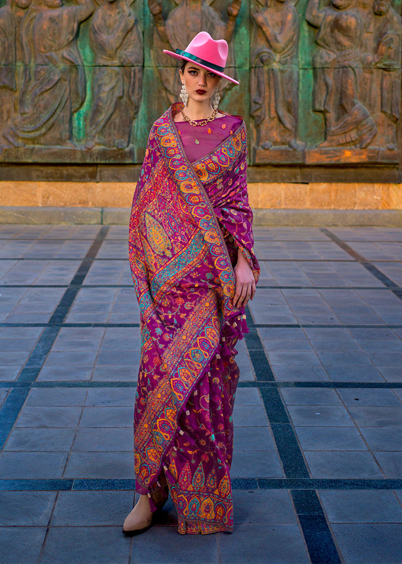Monjolika Fashion Dark Purple Color Kashmiri Organza Pashmina Silk Saree With Blouse | Grocsy