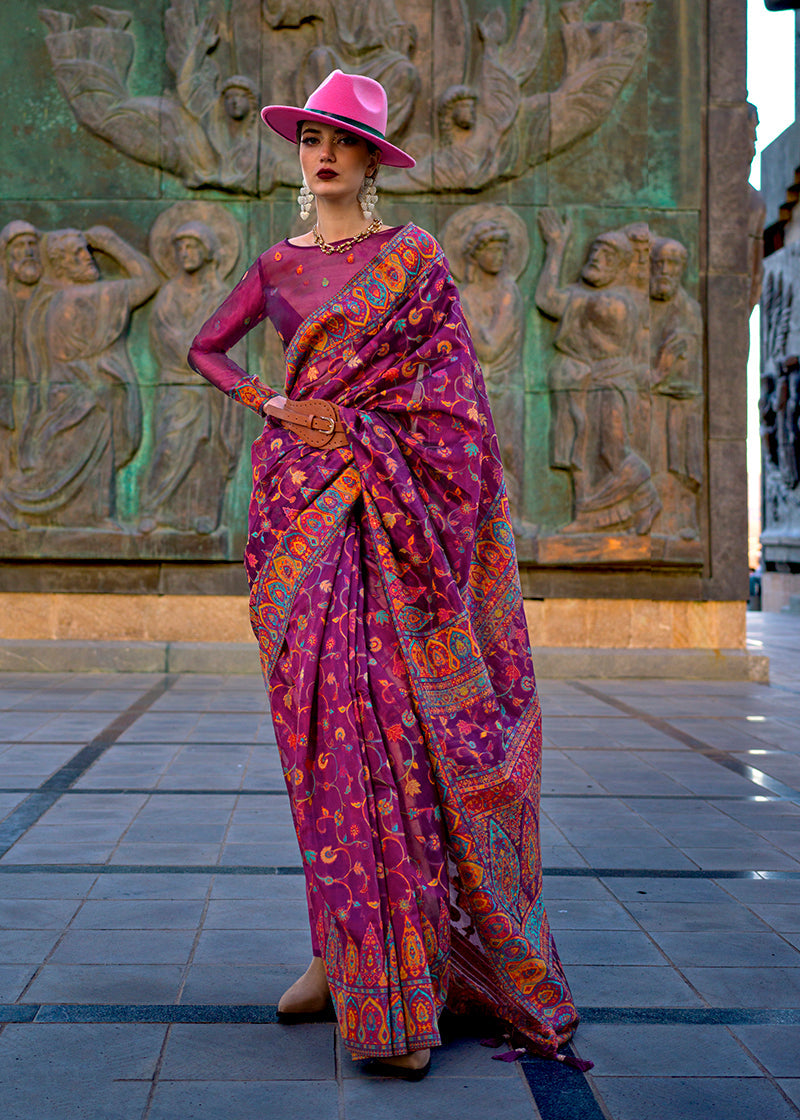 Monjolika Fashion Dark Purple Color Kashmiri Organza Pashmina Silk Saree With Blouse | Grocsy