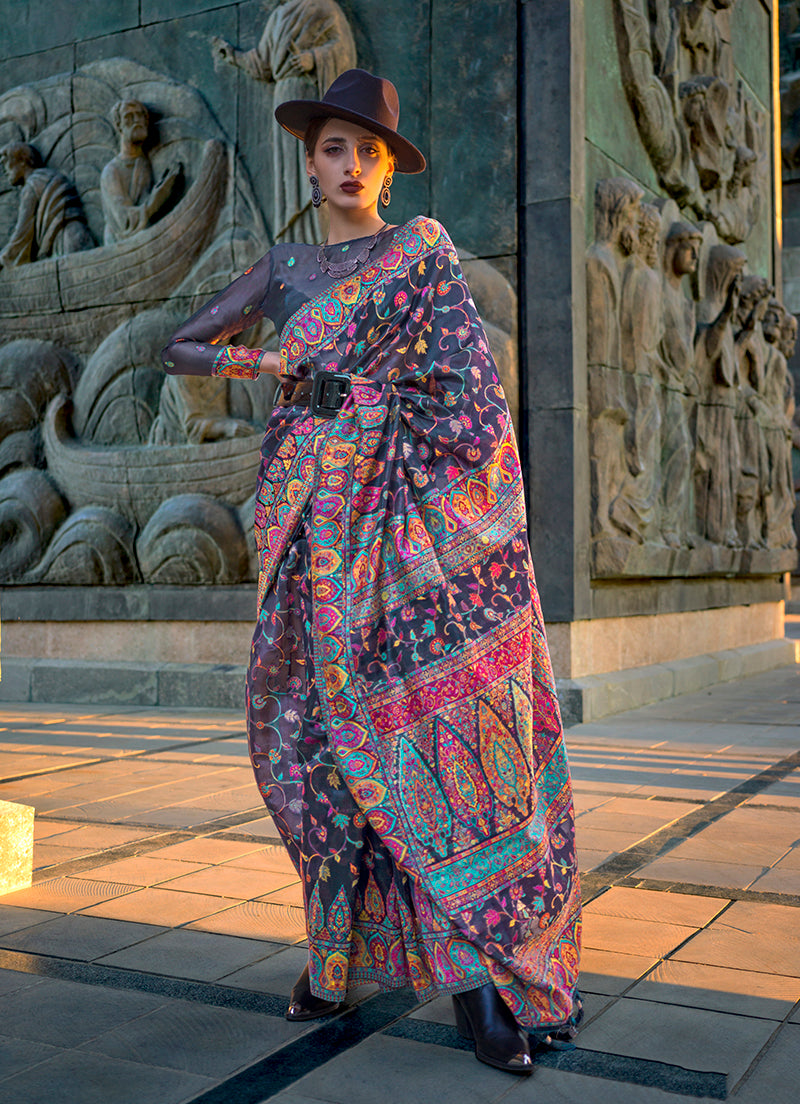 Monjolika Fashion Navy Blue Color Kashmiri Organza Pashmina Silk Saree With Blouse | Grocsy
