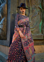 Monjolika Fashion Navy Blue Color Kashmiri Organza Pashmina Silk Saree With Blouse | Grocsy