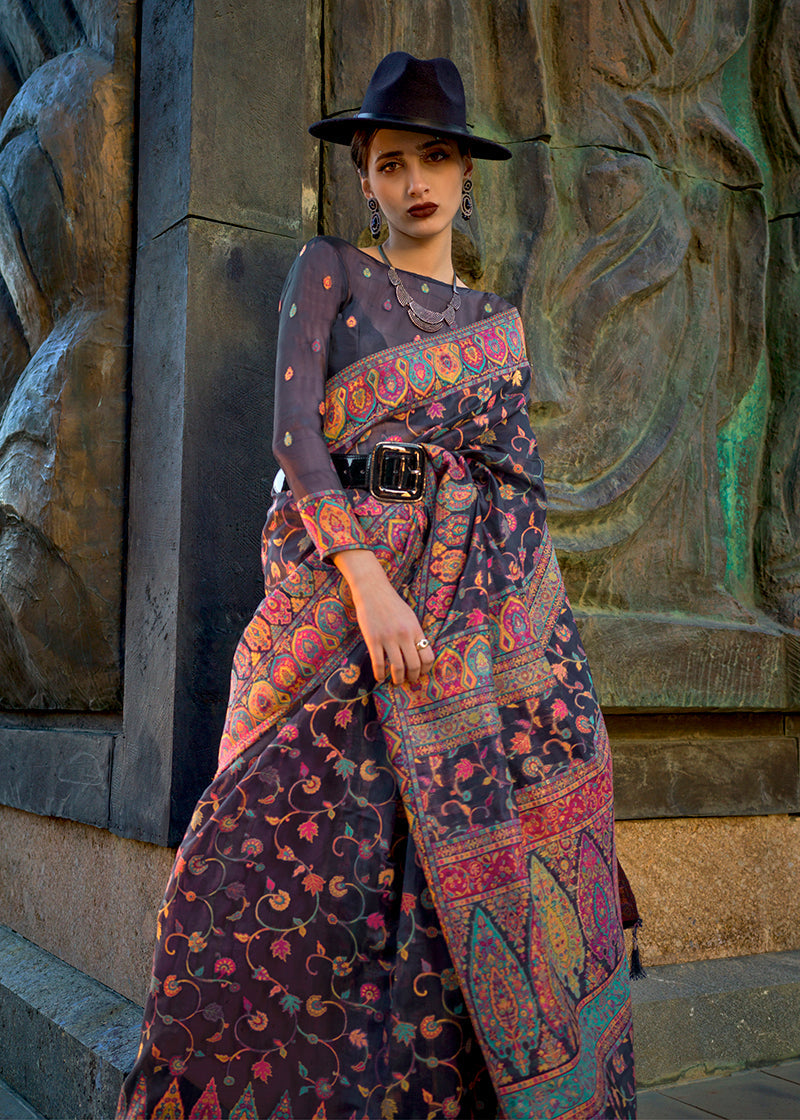 Monjolika Fashion Navy Blue Color Kashmiri Organza Pashmina Silk Saree With Blouse | Grocsy