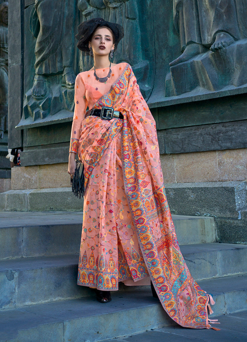 Monjolika Fashion Peach Color Kashmiri Organza Pashmina Silk Saree With Blouse | Grocsy