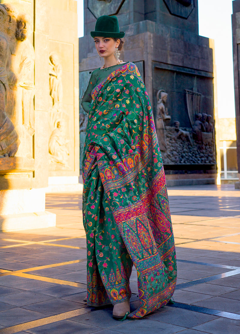 Monjolika Fashion Green Color Kashmiri Organza Pashmina Silk Saree With Blouse | Grocsy