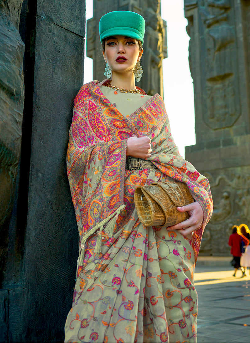 Monjolika Fashion Pear Green Color Kashmiri Organza Pashmina Silk Saree With Blouse | Grocsy