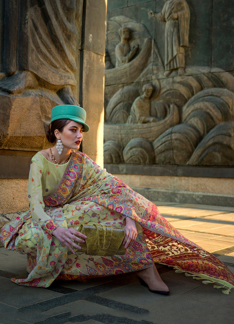Monjolika Fashion Pear Green Color Kashmiri Organza Pashmina Silk Saree With Blouse | Grocsy
