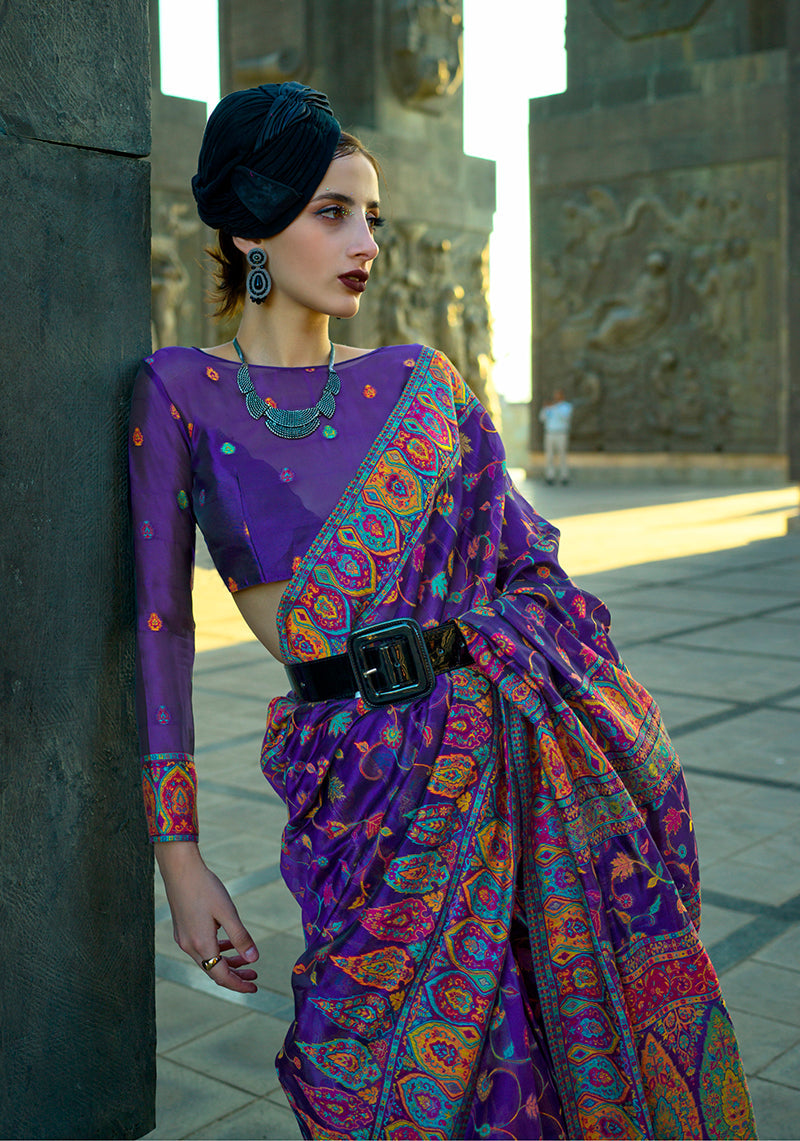 Monjolika Fashion Violet Color Kashmiri Organza Pashmina Silk Saree With Blouse | Grocsy