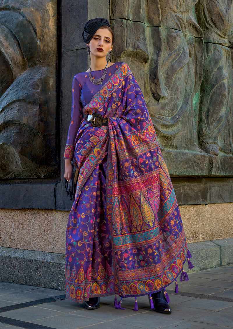 Monjolika Fashion Violet Color Kashmiri Organza Pashmina Silk Saree With Blouse | Grocsy
