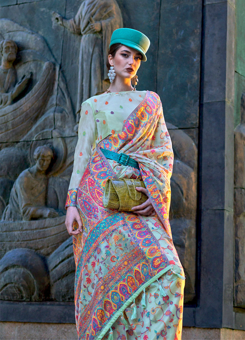 Monjolika Fashion Light Cyan Color Kashmiri Organza Pashmina Silk Saree With Blouse | Grocsy