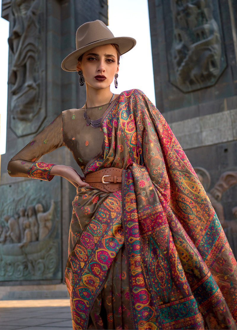 Monjolika Fashion Chikoo Color Kashmiri Organza Pashmina Silk Saree With Blouse | Grocsy