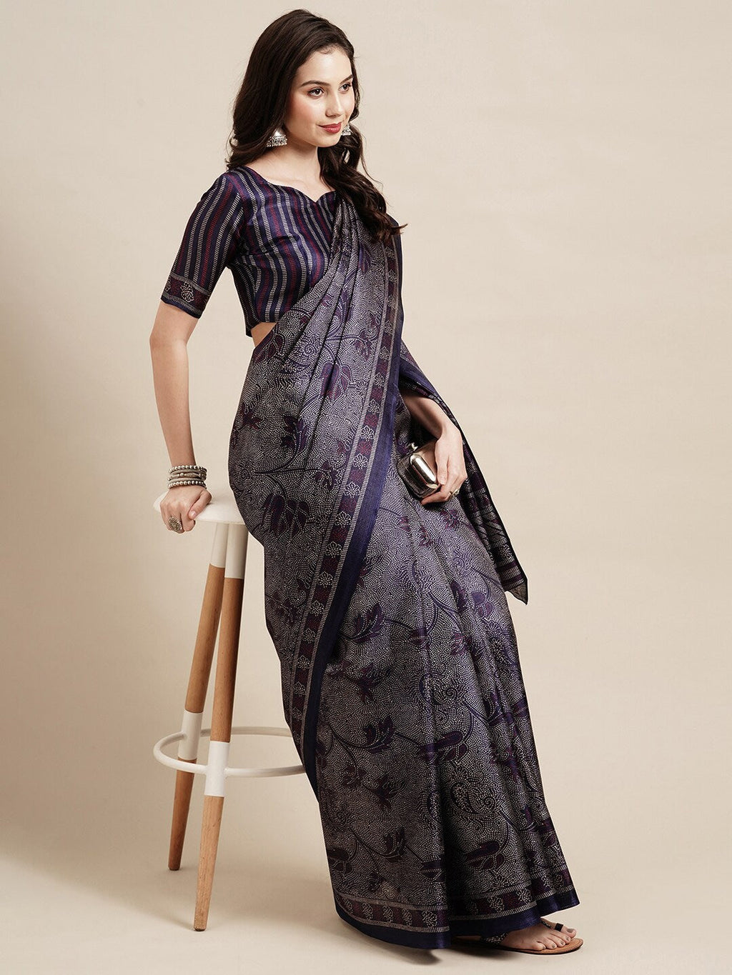 Saree Mall Navy Blue & Grey Floral Art Silk Bhagalpuri Sarees | Grocsy