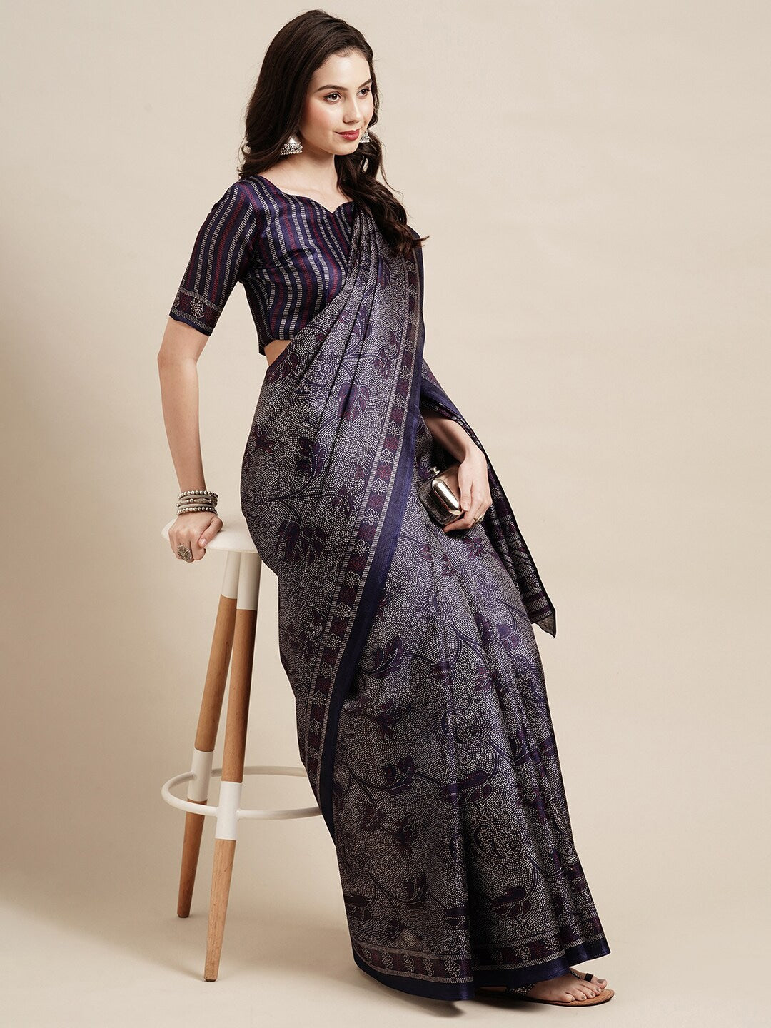 Saree Mall Navy Blue & Grey Floral Art Silk Bhagalpuri Sarees | Grocsy