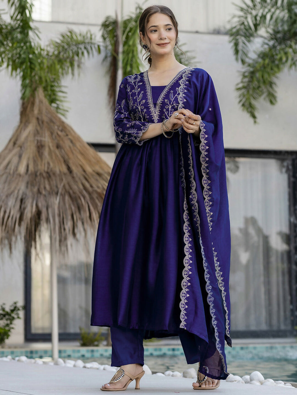 The52 Blue Women's Beautiful Embroidered Vichitra Silk Fabric with Flared Kurta, Pant and Dupatta Set | Grocsy