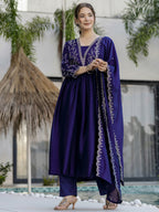 The52 Blue Women's Beautiful Embroidered Vichitra Silk Fabric with Flared Kurta, Pant and Dupatta Set | Grocsy