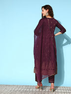 Sangria Ethnic Motifs Yoke Design Pleated Chanderi Silk Kurta with Trousers & Dupatta | Grocsy