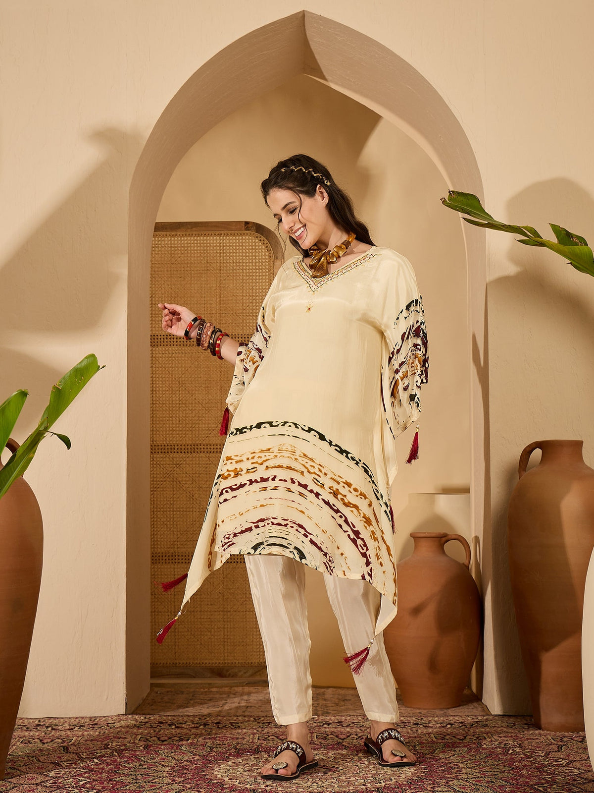 Joban Fashion Cream Silk Printed Readymade Kurta Set | Grocsy