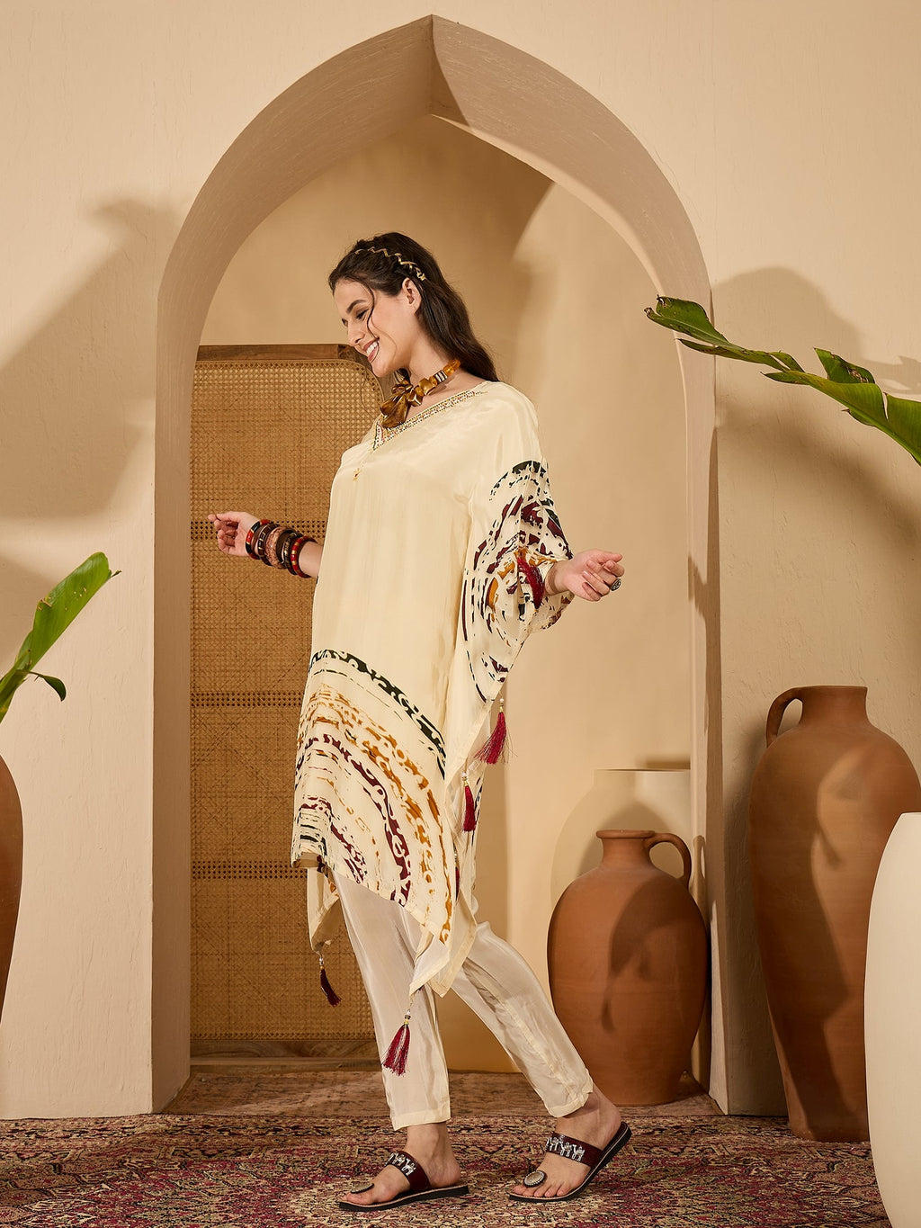 Joban Fashion Cream Silk Printed Readymade Kurta Set | Grocsy