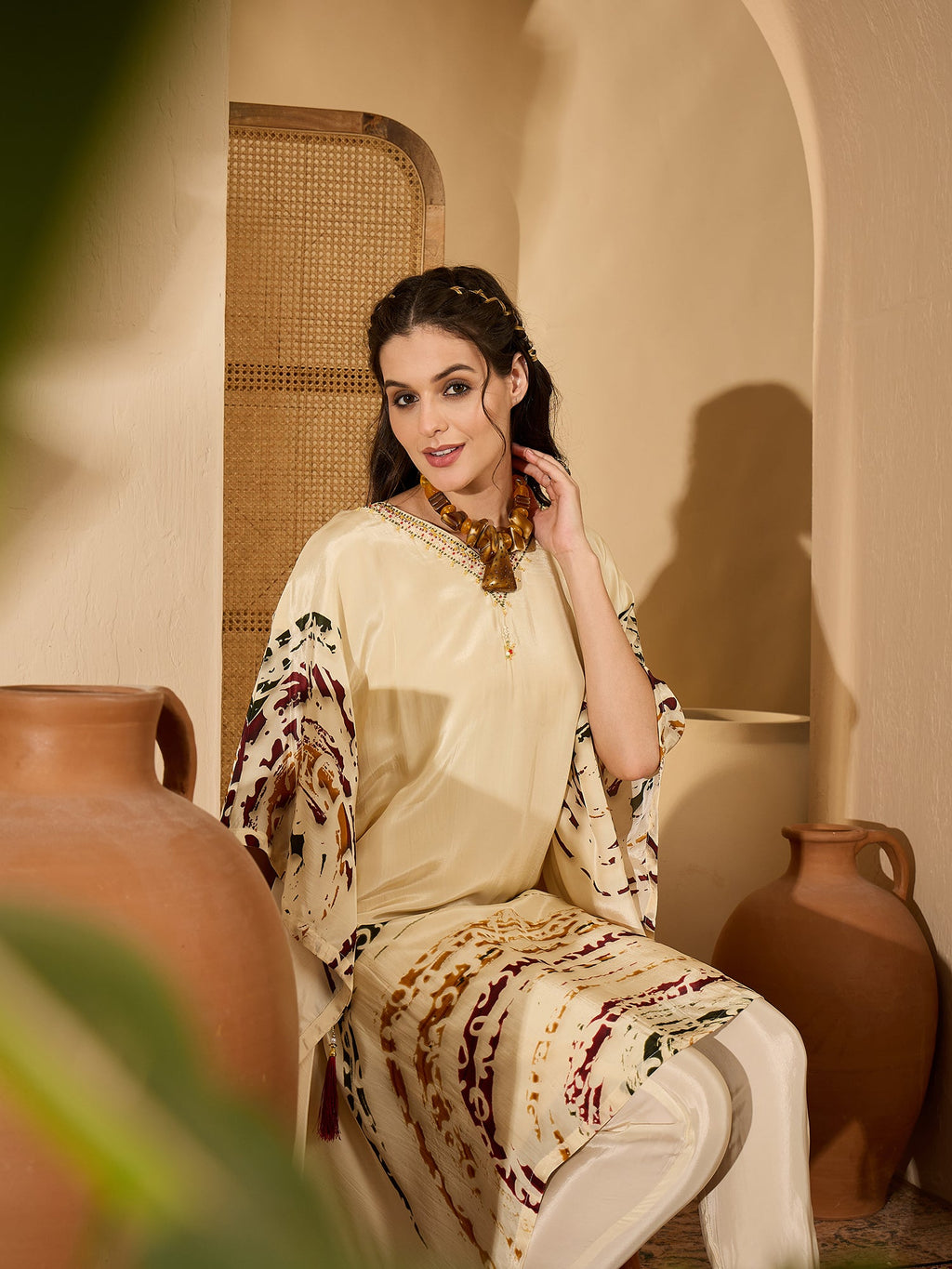 Joban Fashion Cream Silk Printed Readymade Kurta Set | Grocsy