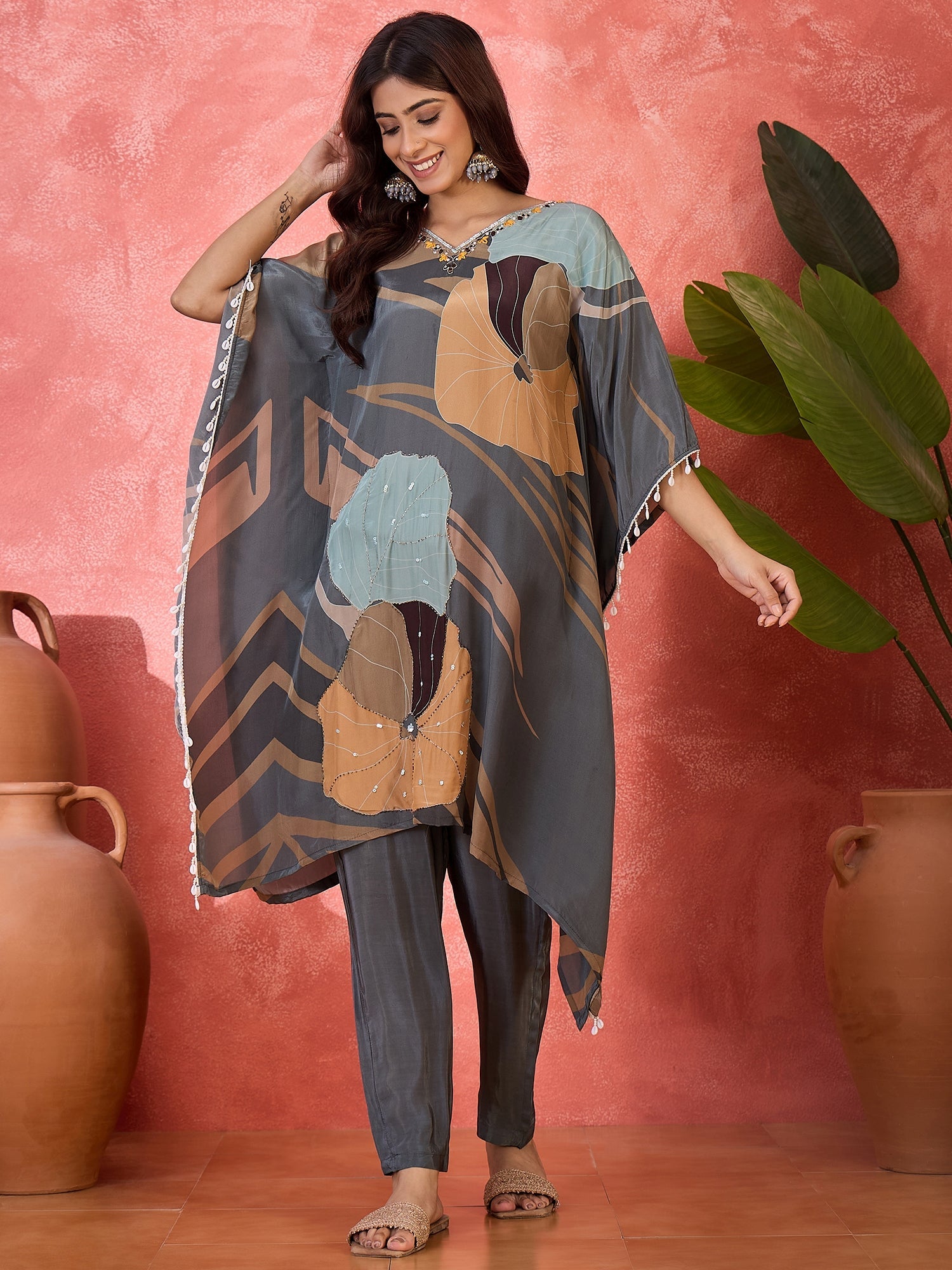 Joban Fashion Grey Silk Printed Readymade Kurta Set | Grocsy
