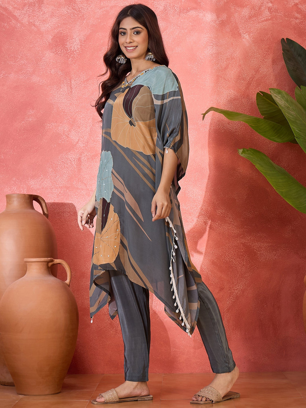 Joban Fashion Grey Silk Printed Readymade Kurta Set | Grocsy