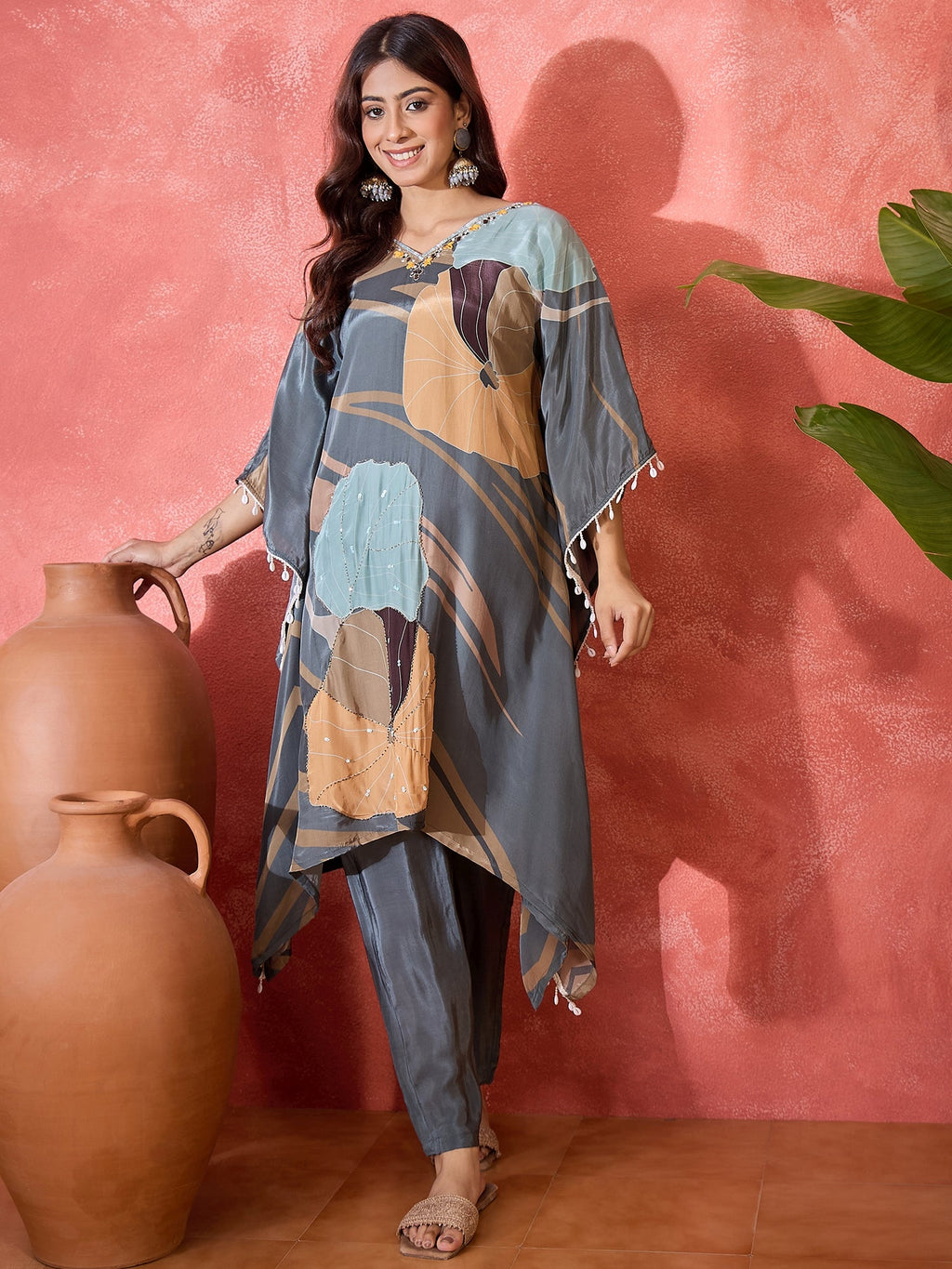 Joban Fashion Grey Silk Printed Readymade Kurta Set | Grocsy