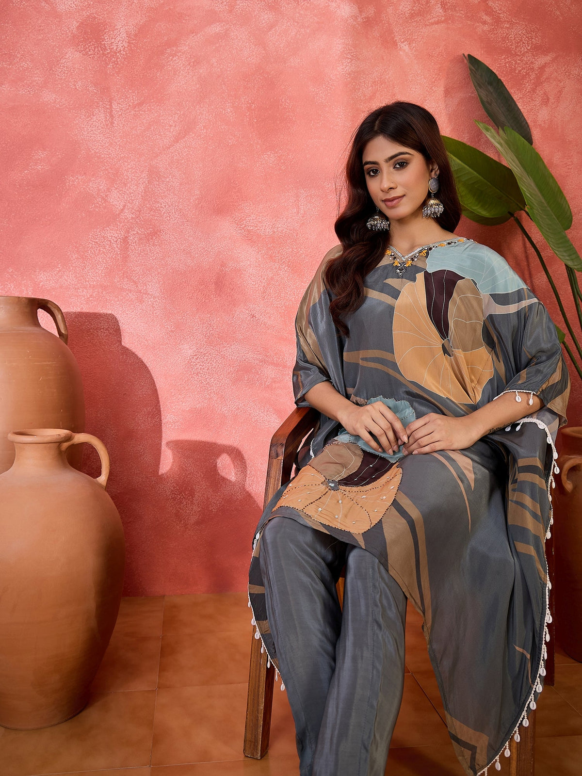 Joban Fashion Grey Silk Printed Readymade Kurta Set | Grocsy
